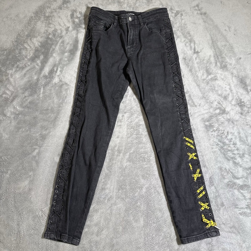 DIESEL Jeans Black Denim Yellow And Black Lacing Size 26 Slim Fit 5 Pocket RARE